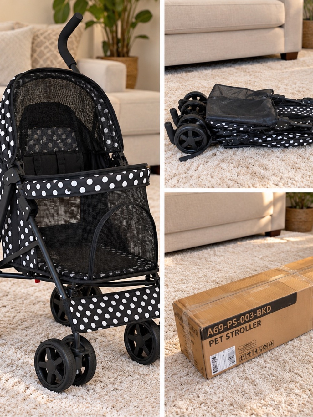 Black Polka Dot Pet Stroller - Lightweight Foldable Small Pet Carrier